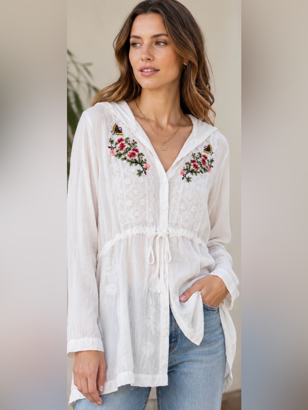 Johnny Was lightweight Embroidered Button-Front hooded jacket - Size Small